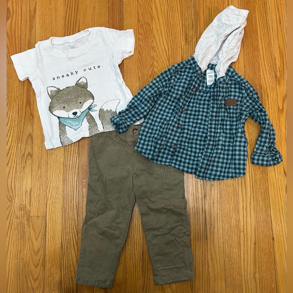 Kids' Fox Graphic Tee and Plaid Hoodie Set, size 18M